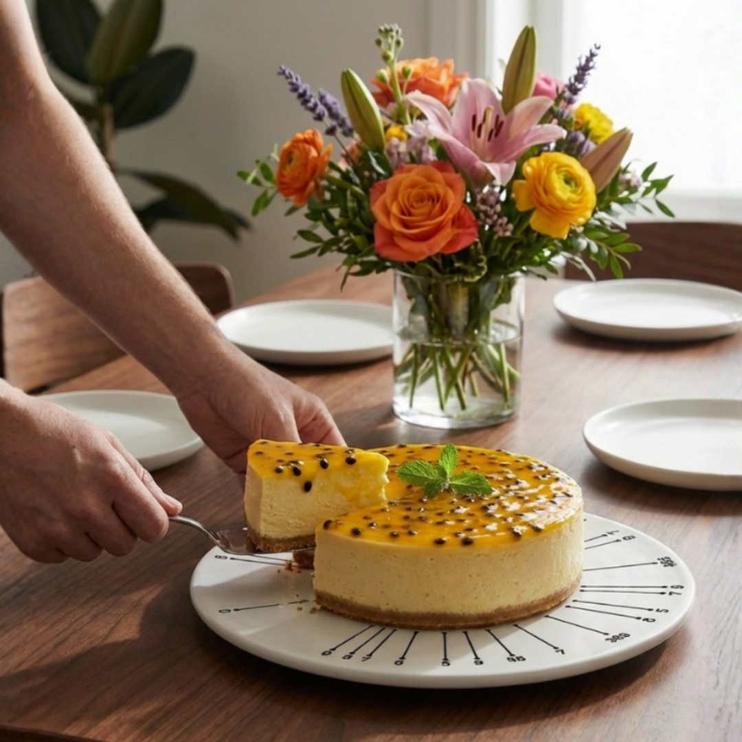 Host using ceramic cake plate and slicing guide to serve cheesecake