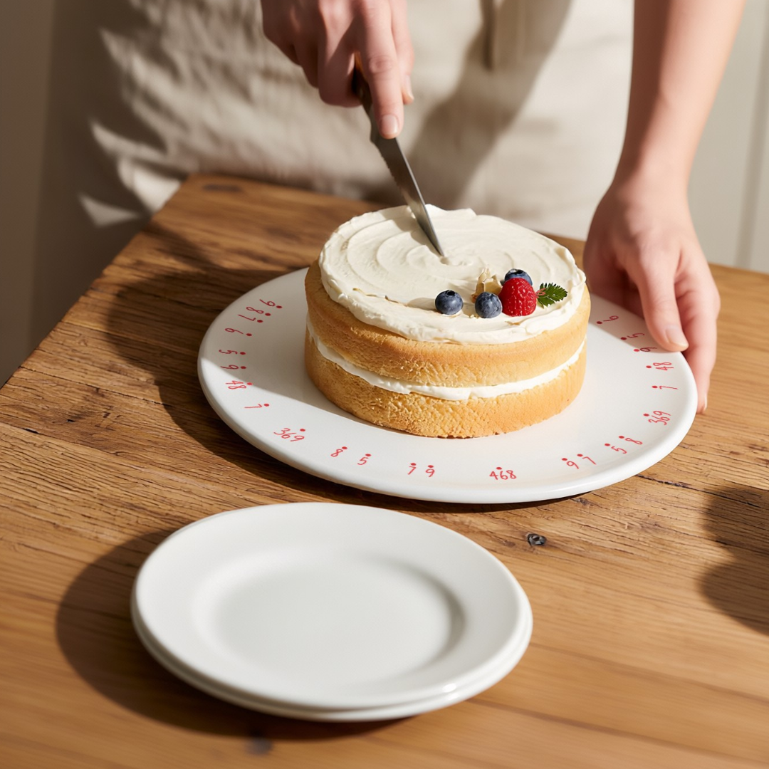Round cake platter used as a cake plate for vanilla sponge cake