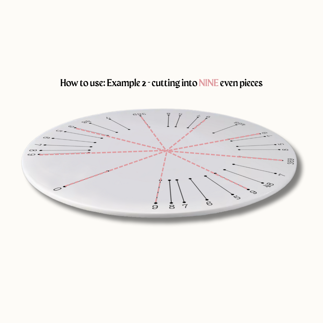 Cake serving plate slicing guide showing even portion lines