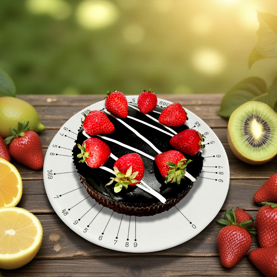 Close up of white ceramic cake platter with numbered slicing guide