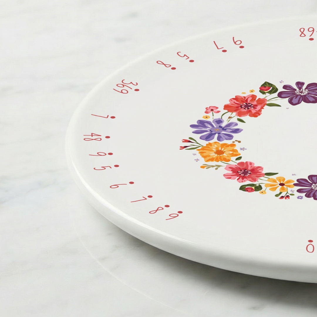 Close up of white ceramic cake platter floral design with numbered slicing guide