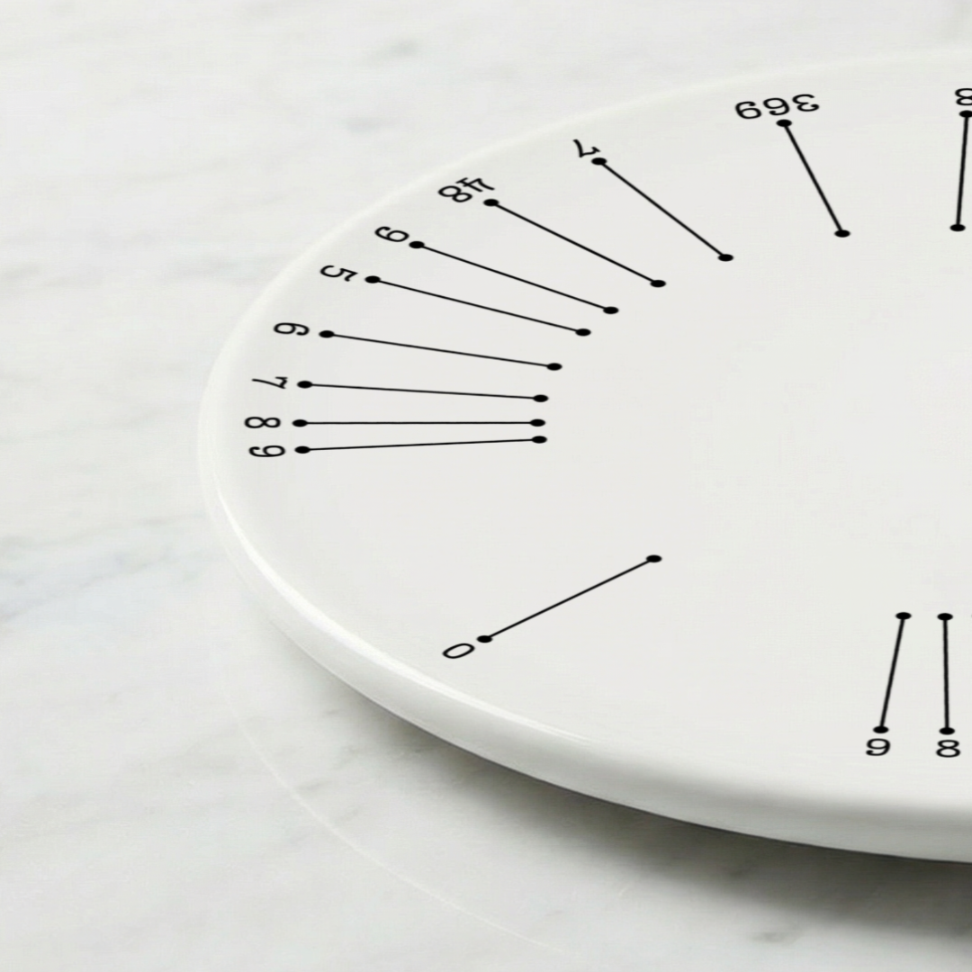 Close up of white ceramic cake platter modern design with numbered slicing guide