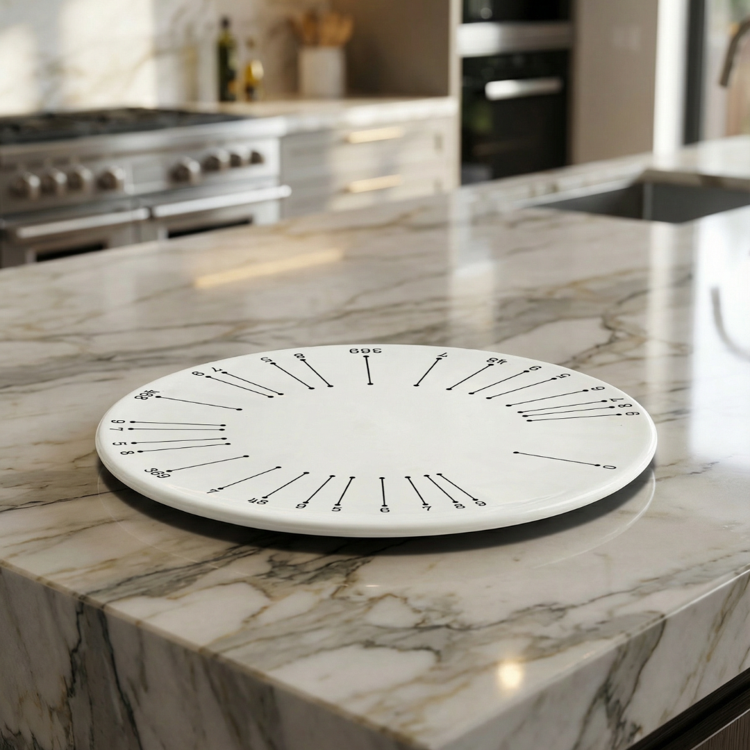 White ceramic round cake plate styled on a kitchen bench 