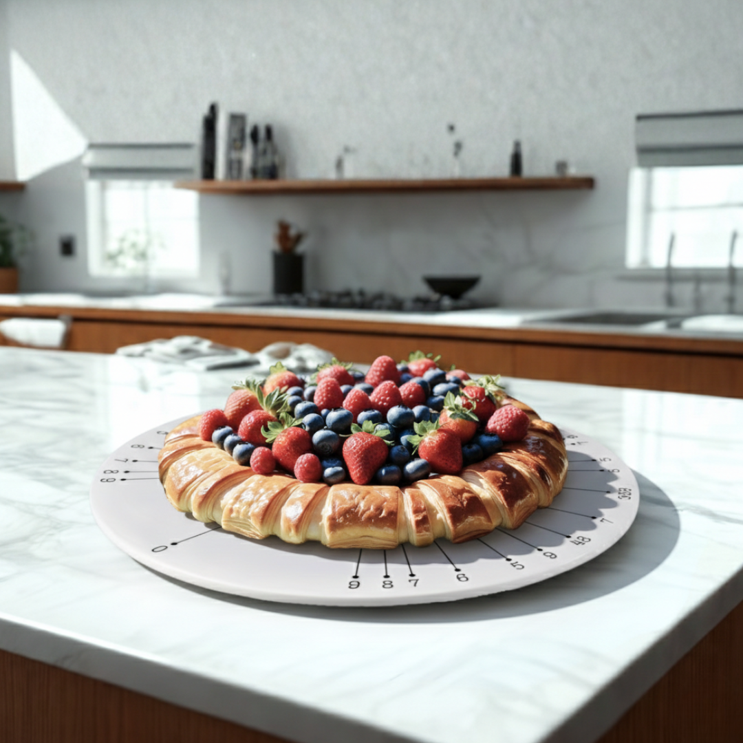 White ceramic round cake plate styled on a marble kitchen bench