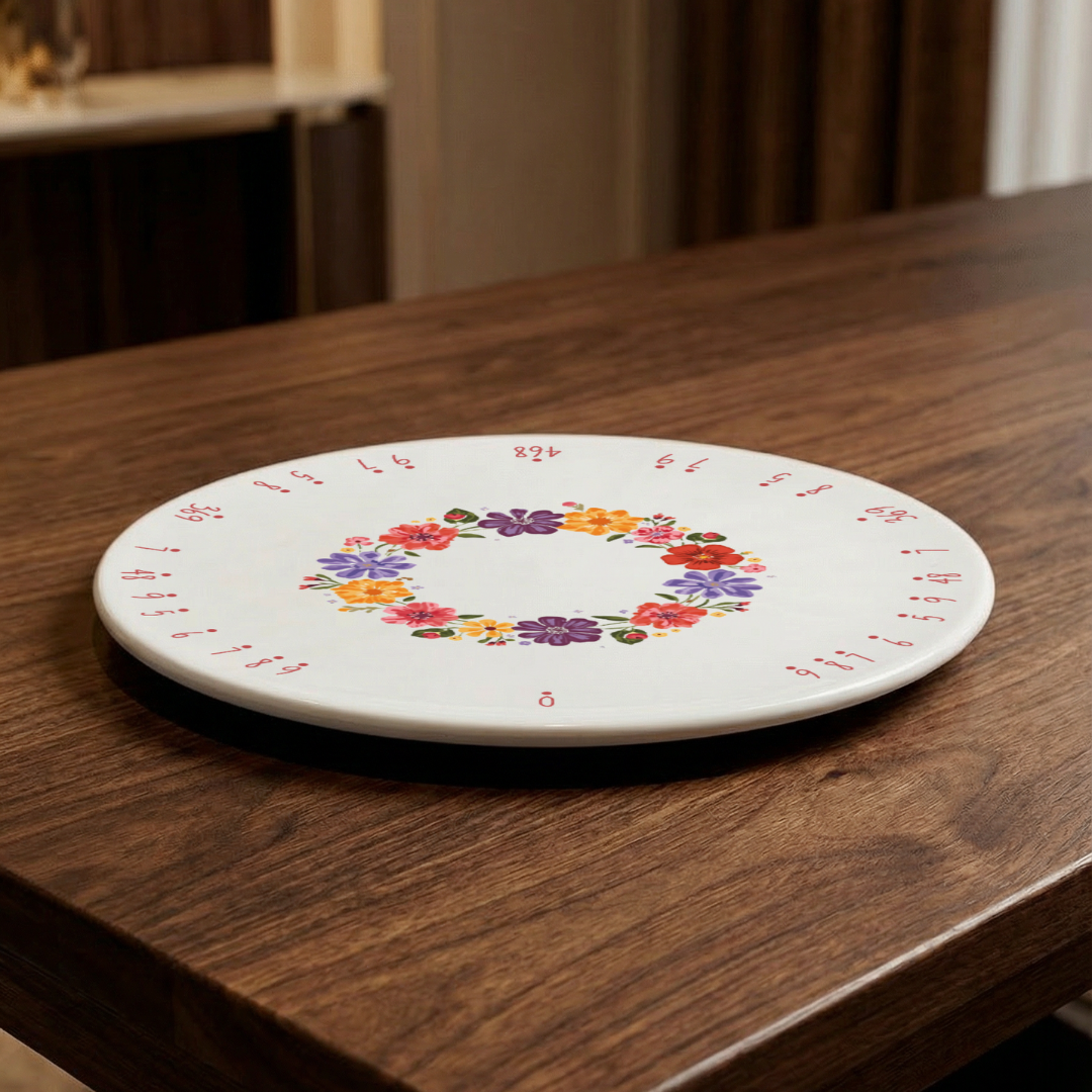 White ceramic round cake plate floral design styled on a timber dining table